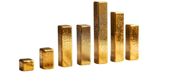 Gold bars showcasing financial growth and wealth accumulation isolate on transparent background, cutout, png