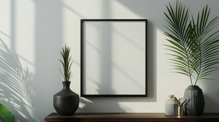 Artistic Frame Mockup in Modern Home Office with Vase and Leafy Decor