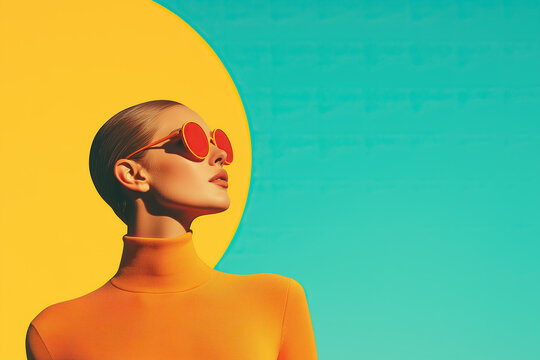 Fashion advert concept. Close-up portrait of beautiful female blonde model wearing designer clothing on blue and yellow background. Pret-a-porter style. Modern design style. Text space. Studio shot