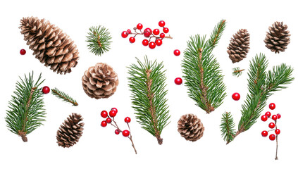Flat Lay Christmas Composition of Pine Tree Branches, Red Berries, and Pine Cones on White Background