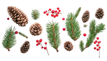 Flat Lay Christmas Composition of Pine Tree Branches, Red Berries, and Pine Cones on White Background