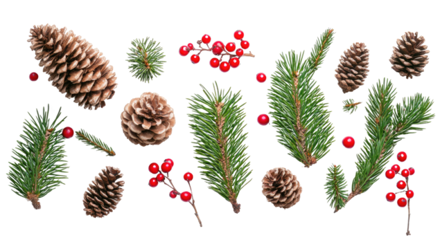 Flat Lay Christmas Composition of Pine Tree Branches, Red Berries, and Pine Cones on White Background