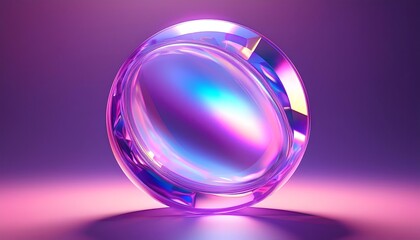 3d circle shape glass iridescent holographic purple crystal on pink light