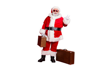 Full length body size view of nice attractive cheerful cheery fat bearded man carrying vintage heavy bag luggage baggage showing v-sign isolated on bright vivid shine red background
