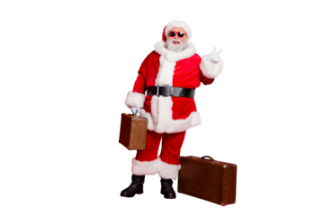 Full length body size view of nice attractive cheerful cheery fat bearded man carrying vintage heavy bag luggage baggage showing v-sign isolated on bright vivid shine red background