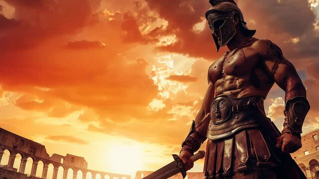 Ancient Roman Gladiator Standing in Arena at Sunset