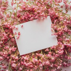 Obraz premium Top view of blank greeting card and tender eustoma flowers isolated on pink
