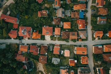 Fototapeta premium Drone View of a Small Rural Settlement with Red Roofs and Greenery – Ideal for Posters and Stock Imagery