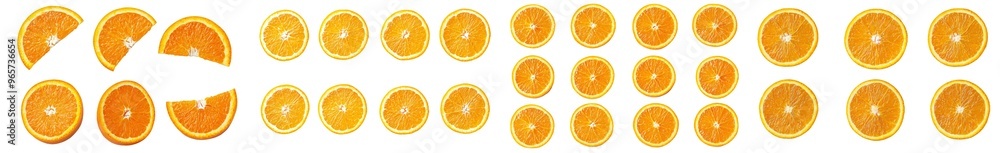 Poster isolated orange slices in different angles on a white background.