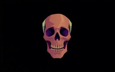 A low poly skull with purple eyes and orange skin on a black background, perfect for Halloween design. 
