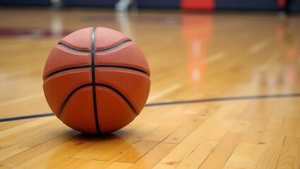 Obraz premium Closeup of basketball on polished hardwood court showing texture and scuff marks
