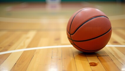 Closeup of basketball on polished hardwood court showing texture and scuff marks