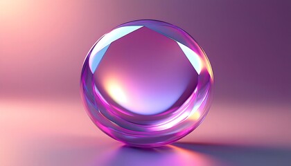 3d circle shape glass iridescent holographic purple crystal on pink light