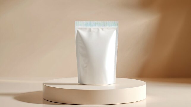 Neutral-toned minimalist packaging on a round display podium in a softly lit, modern setting.