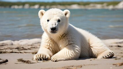 Naklejka premium adorable baby polar bears hanging out together at the beautiful beach, cute baby polar bear, happy baby polar bear, ai generated