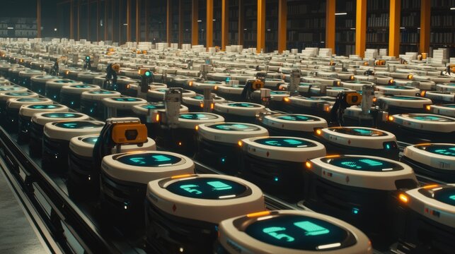 Line of autonomous mobile robots transporting goods in warehouse