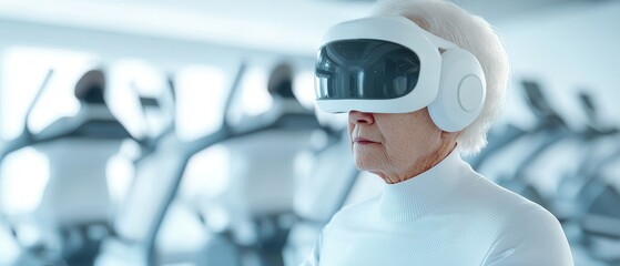 elderly woman experiencing virtual reality in a modern fitness center, futuristic technology and senior wellness concept.