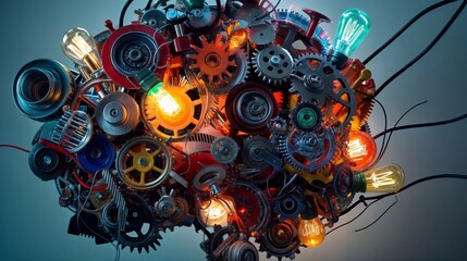 An abstract brain composed of various gears, wires, and light bulbs, representing the complexity of human thought and creativity. The vibrant mechanical elements evoke a sense of innovation and proble