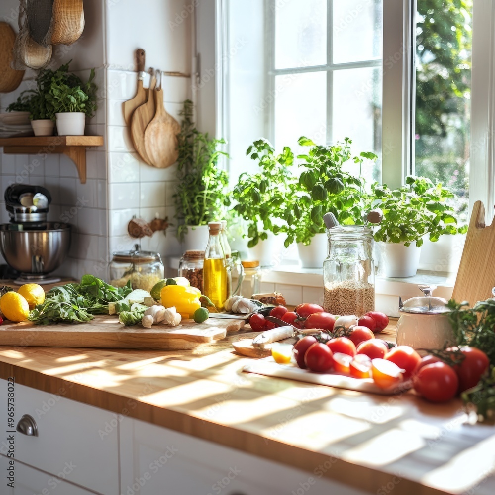 Sticker A kitchen counter with a variety of fresh ingredients, including lemons, peppers, tomatoes, and herbs,  and a jar of dried rice, ready for cooking.