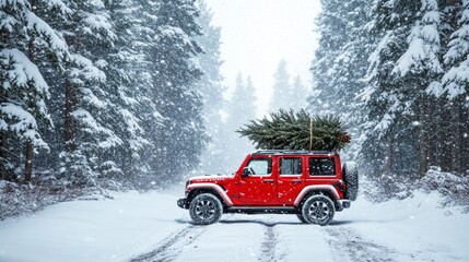 A red jeep with a Christmas tree on top, parked in a snowy forest.