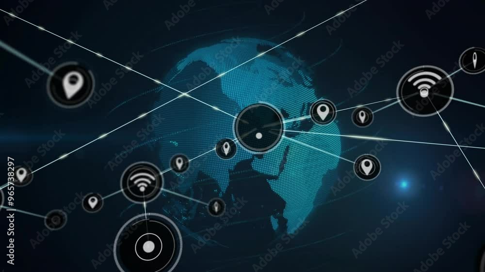 Poster animation of network of connections with wifi icons over globe