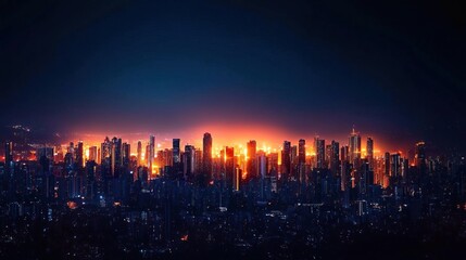 Fototapeta premium Aerial view of a city skyline at night, with glowing lights and skyscrapers.