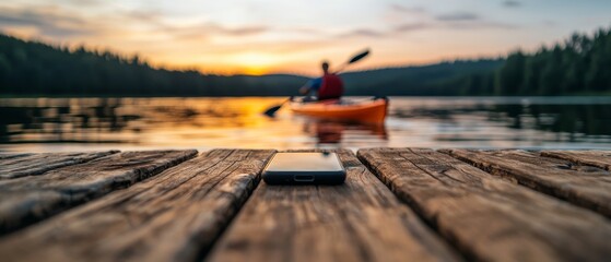 digital detox concept - smartphone on wooden dock with kayaking silhouette at sunset
