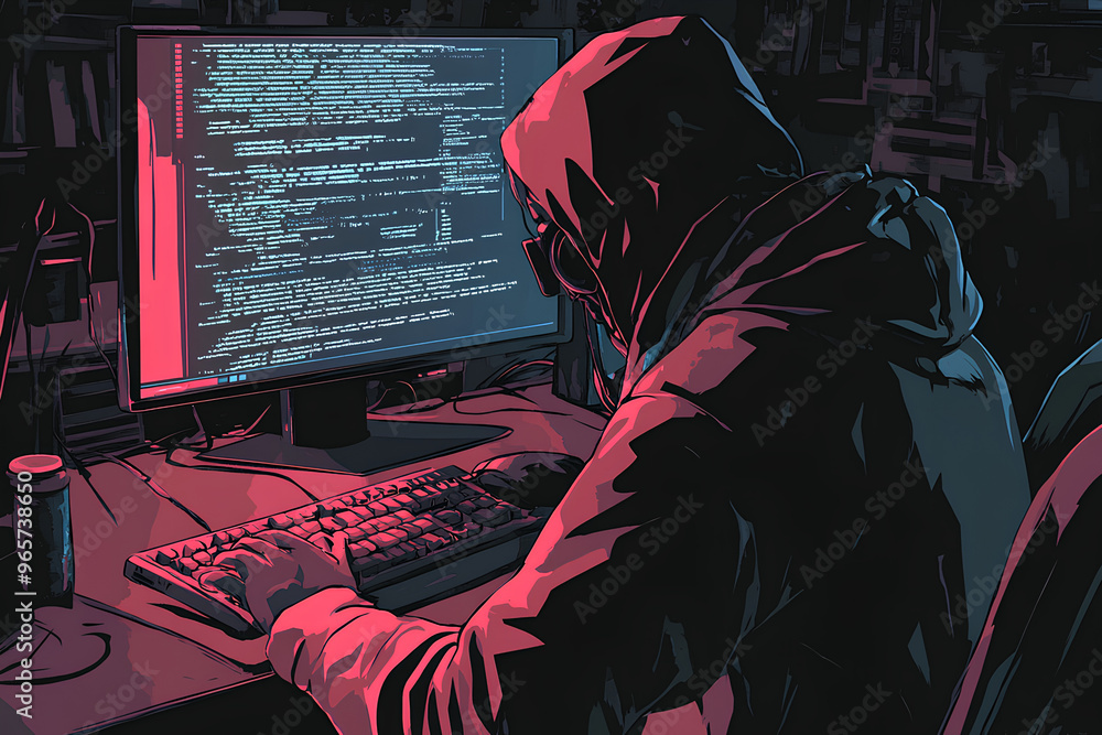 Aufkleber a hooded figure typing at a computer, surrounded by code on the screen in a dimly lit room.