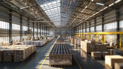 Warehouse workers moving solar panels in logistics center