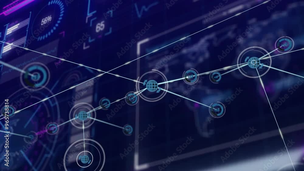 Poster animation of network of connections with globe icons over data processing