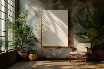 Modern Wall Art Mockup for a Cozy Serene Living Room with Natural Light and Indoor Plants