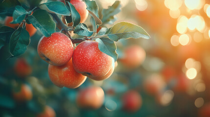 Obraz premium Ripe apples growing on a branch with green leaves in the garden. Sunny day. Bokeh effect. AI generative 