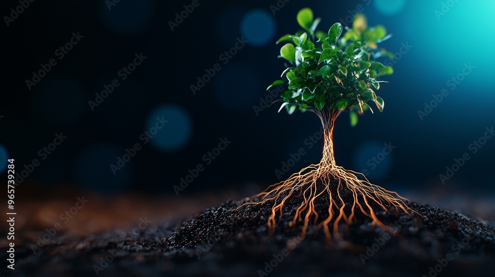 Poster young tree sapling with exposed roots growing in rich soil against a dark background with bokeh ligh