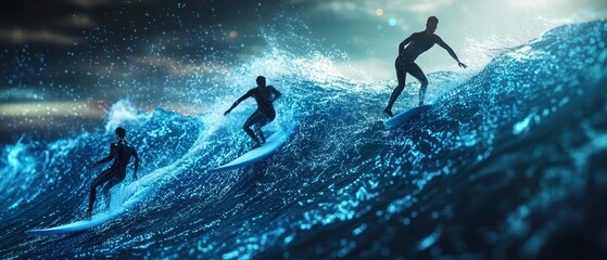 Business professionals surfing on blue waves with digital graphs, showing market success, Blue Ocean Strategy, dynamic business growth