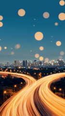 Fototapeta premium nighttime cityscape with illuminated highway interchange and abstract bokeh lights.