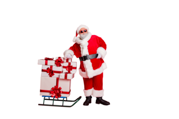 Full length body size view of generous kind cheerful funky fat overweight plump gray-haired bearded man carrying cool purchases good tradition isolated over bright vivid shine red background