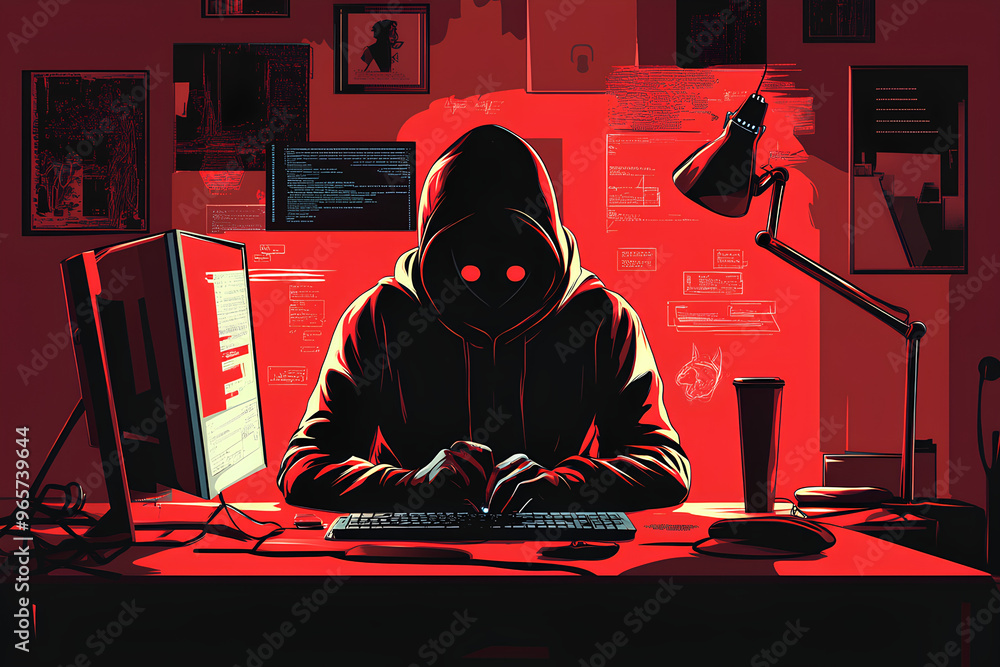 Poster a hooded figure typing on a keyboard in a dimly lit room filled with computer screens.