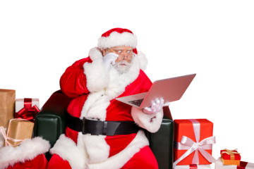 Portrait of astonished santa claus touching his eyewear eyeglasses looking news sales discounts at netbook wonder wearing hat belt isolated over red background