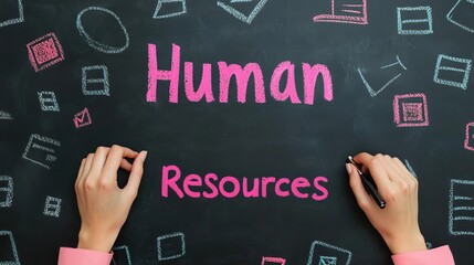 Obraz premium Chalkboard with the words 'Human Resources' written on it, with hands holding chalk.