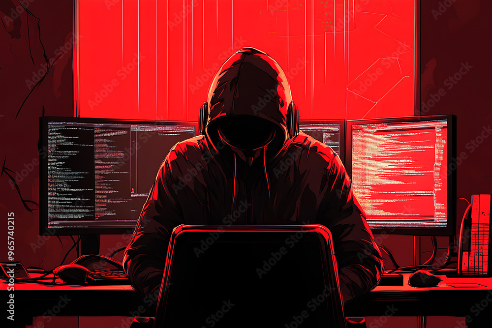 Poster a hooded figure sits at a desk with multiple monitors displaying code in a red-lit environment.