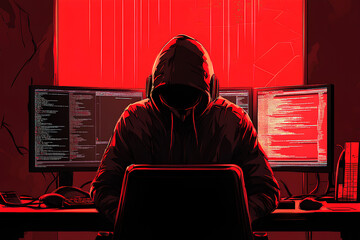 A hooded figure sits at a desk with multiple monitors displaying code in a red-lit environment.