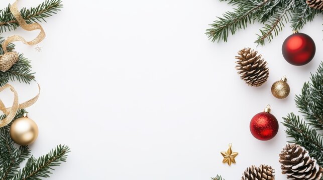 Christmas pine branches, pine cones, and red ornaments arranged on a white background, isolated on white. Simple holiday decor concept.