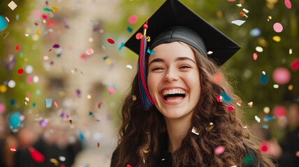 A happy woman in a graduation with confetti