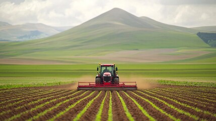 Naklejka premium Red tractor working in a field of crops with rolling hills in the background.