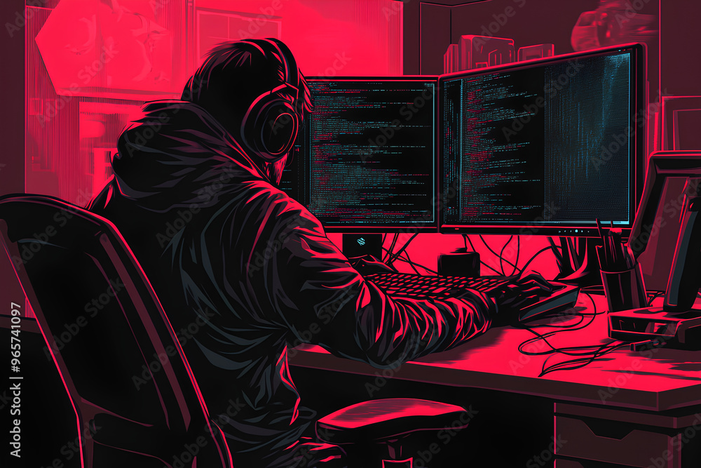Poster a person in a hoodie working on dual monitors displaying code in a dimly lit room.