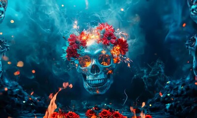 Video of a 3D Skull with Flower Crown and Glowing Sparks on a Dark Background