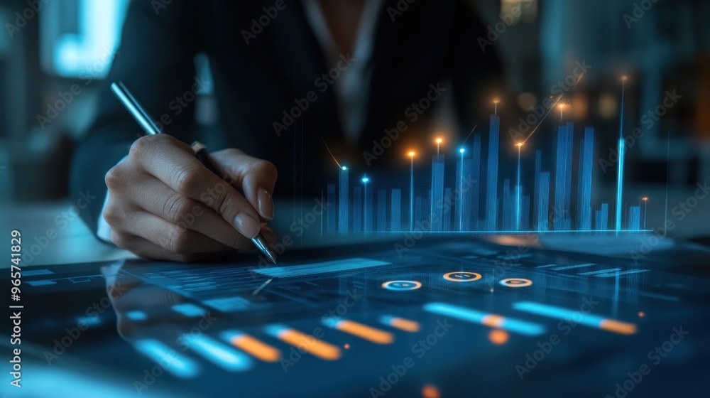 Poster businessperson analyzing data with graphs and charts on digital tablet