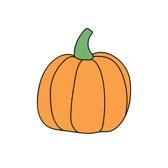 Vector color pumpkin in flat doodle style, isolated. Simple clipart, symbol Halloween, autumn, crop, thanksgiving day, fruitful year.
