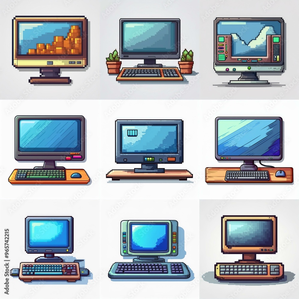 Poster collection of nine pixel art personal computers with various designs.