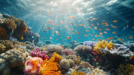 Fototapeta premium Colorful coral reef teeming with vibrant fish underwater during midday in a tropical ocean paradise